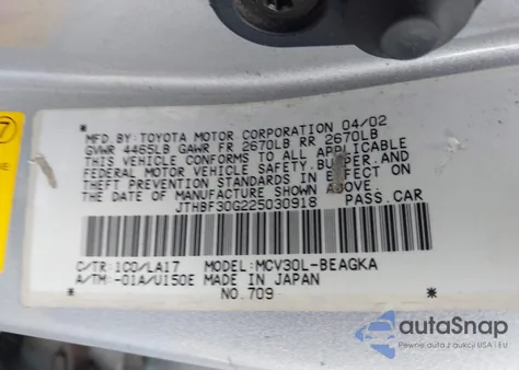 2002 Lexus Es 300 from USA, damaged, VIN JTHBF30G225030918